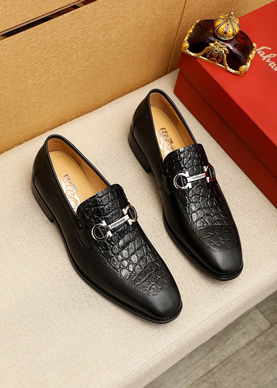 Ferragamo Black Buckle Loafers — front
