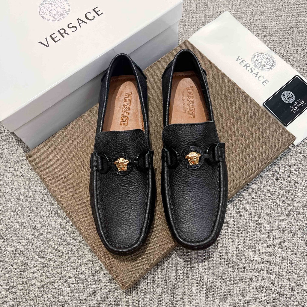 Versace Black Gold-Emblem Slip-On Loafers — front
