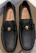 Versace Black Gold-Emblem Slip-On Loafers — hero