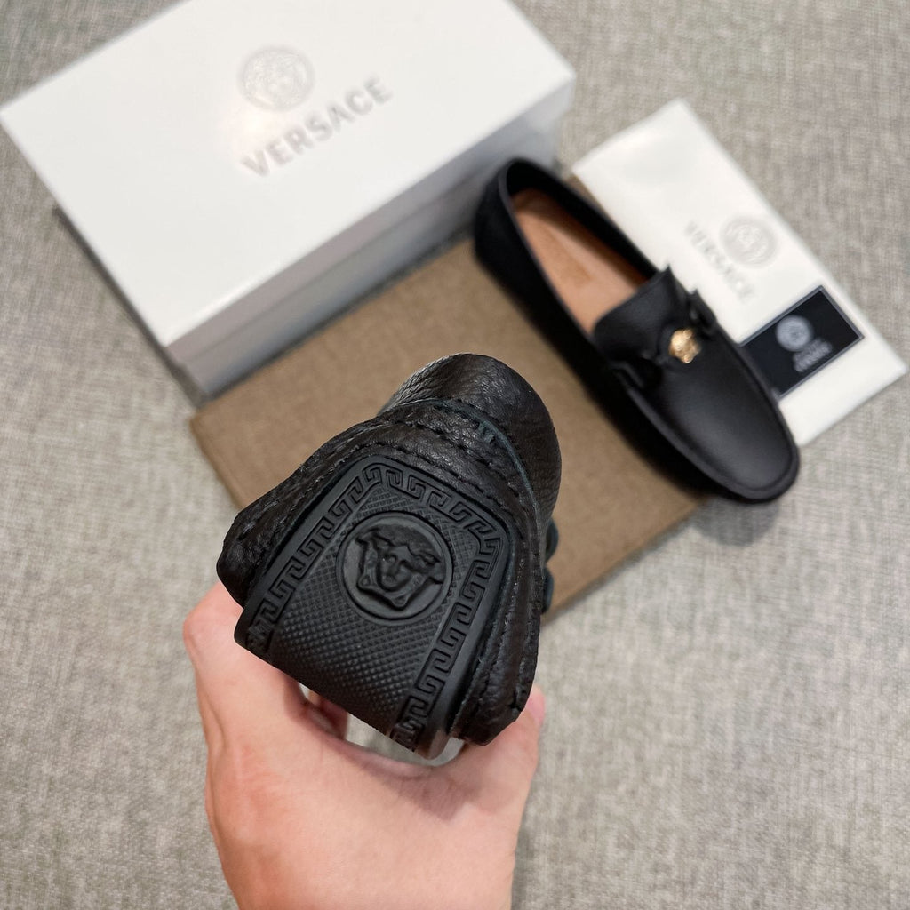 Versace Black Gold-Emblem Slip-On Loafers — detail