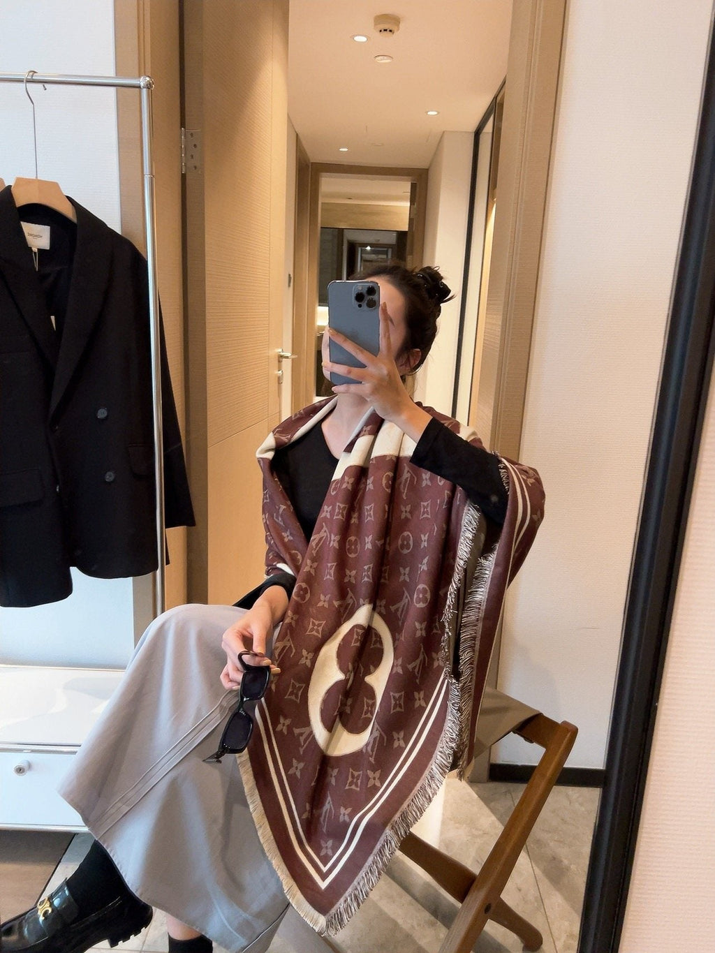 Louis Vuitton Monogram Fringe Square Scarf — model