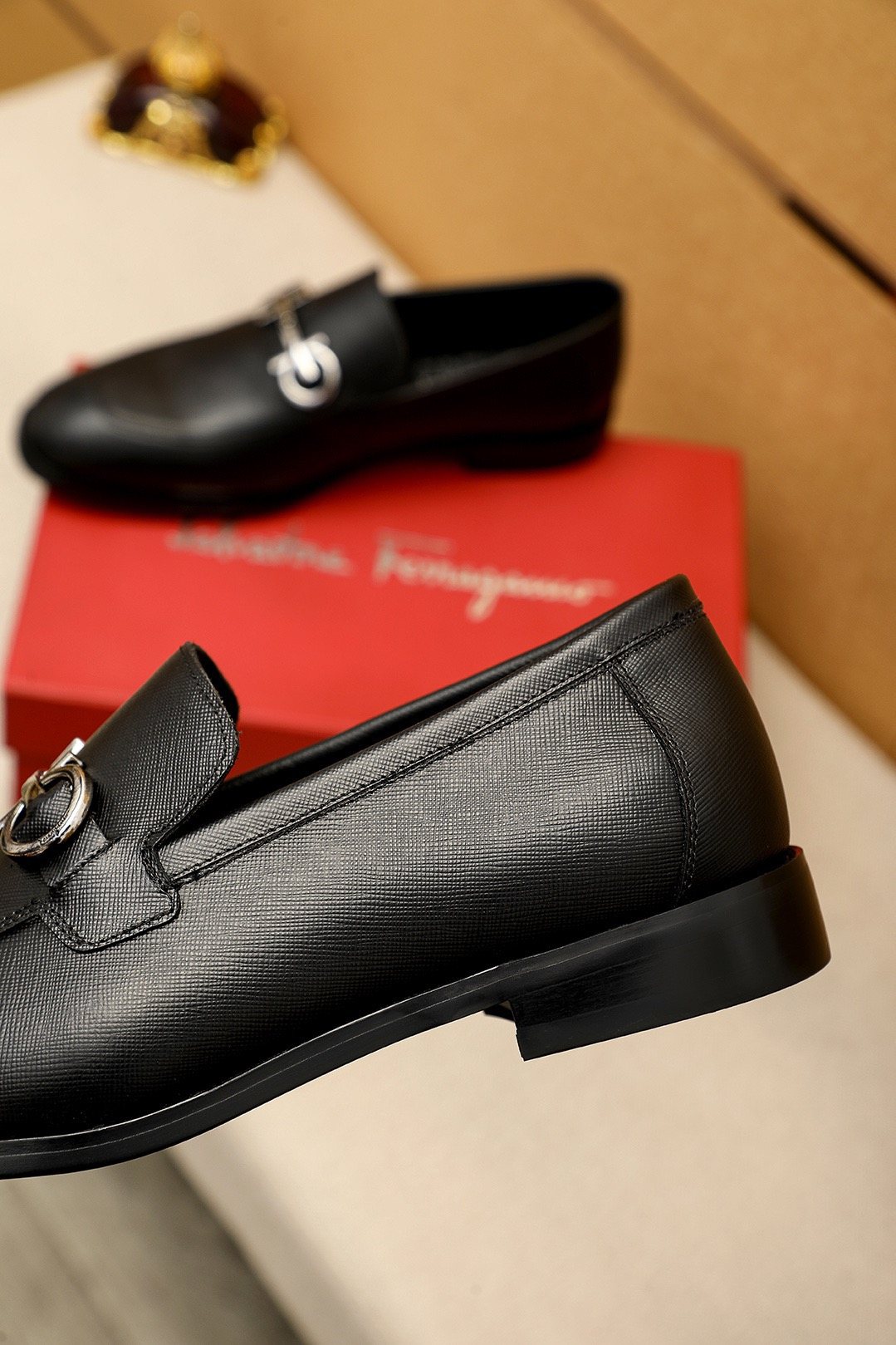 Ferragamo Black Hardware Loafers — detail