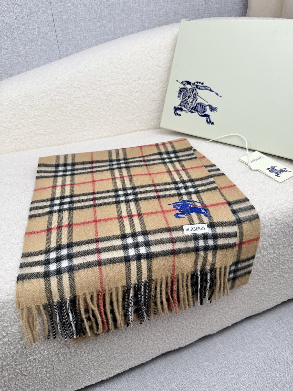 Burberry Beige Check Fringed Scarf — front