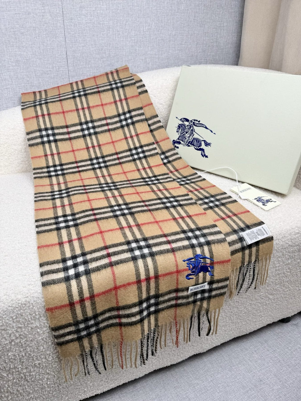 Burberry Beige Check Fringed Scarf — front