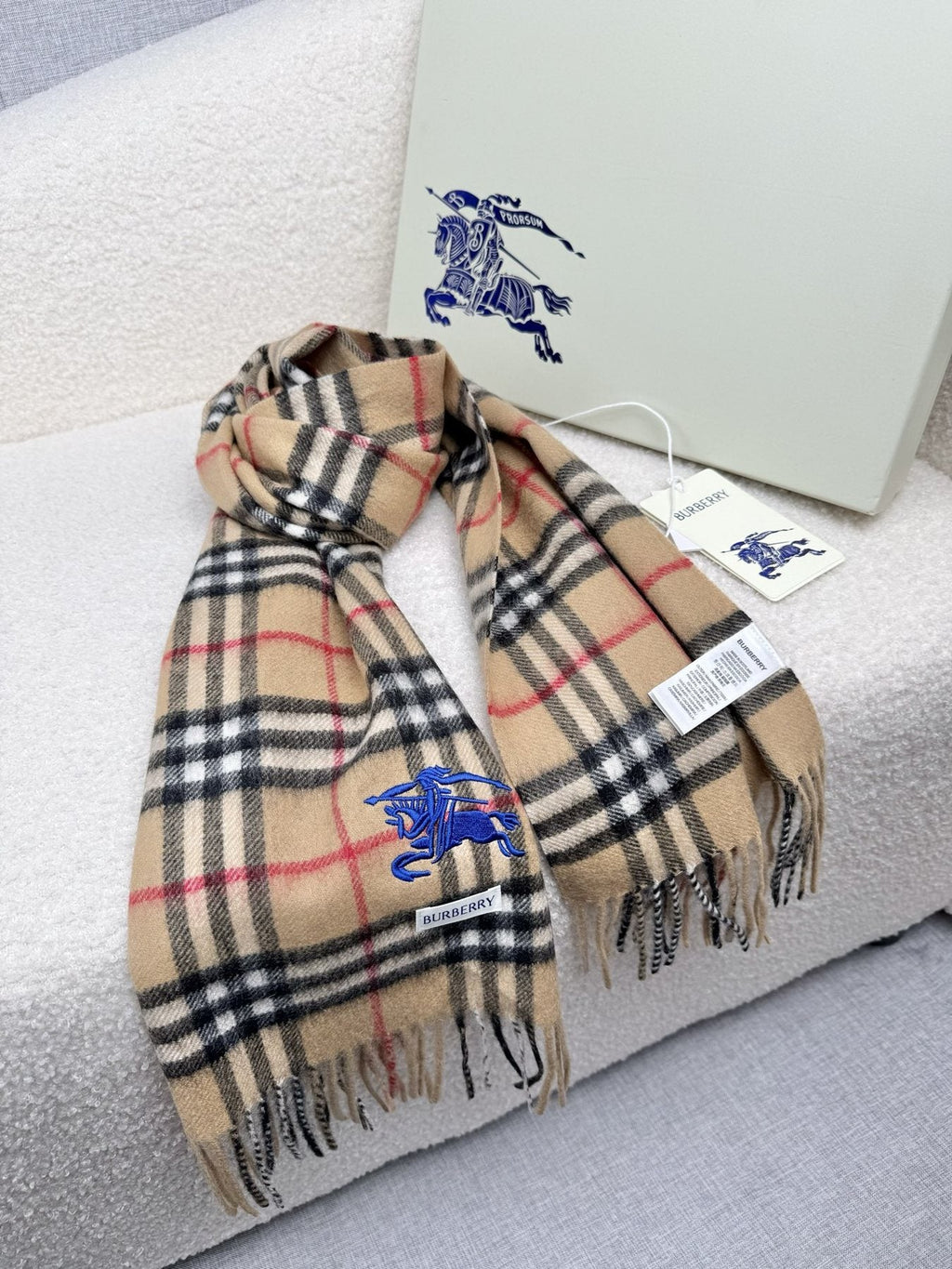 Burberry Beige Check Fringed Scarf — front