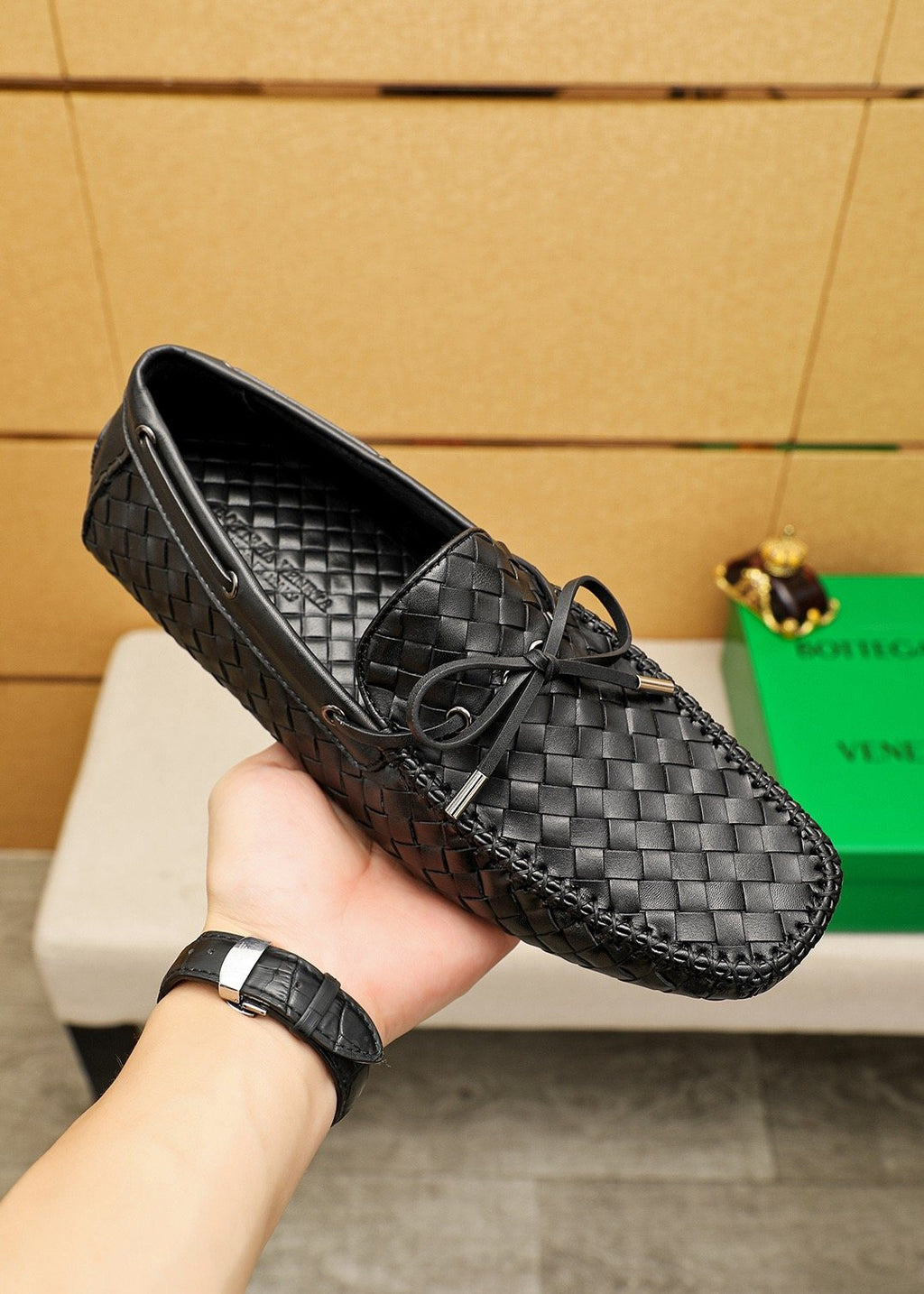 Bottega Veneta Black Woven Lace-Up Loafers — model