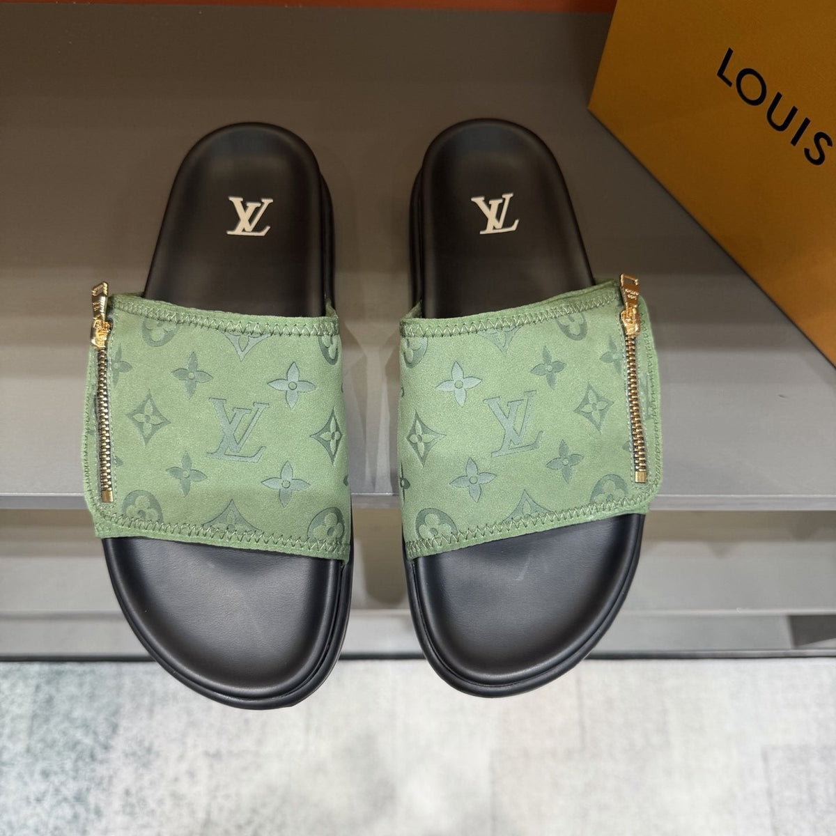Louis Vuitton Light Green Patterned Slide Sandals — hero
