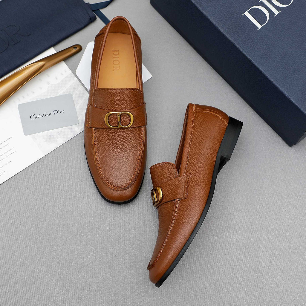 Dior Cognac Brown Pebbled Men's Loafers — front