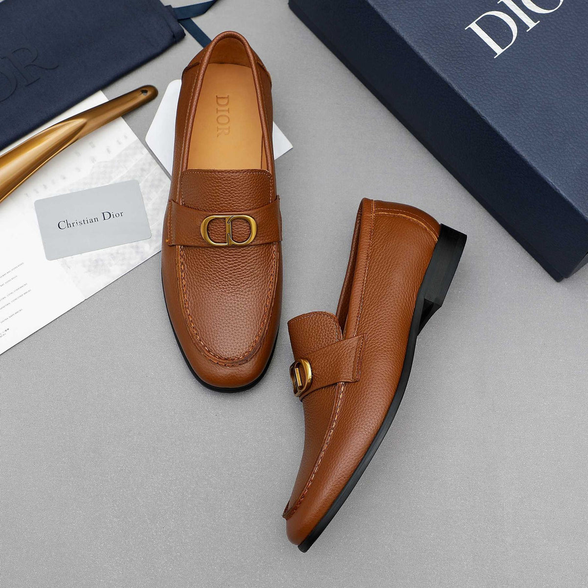 Dior Cognac Brown Pebbled Men's Loafers — front