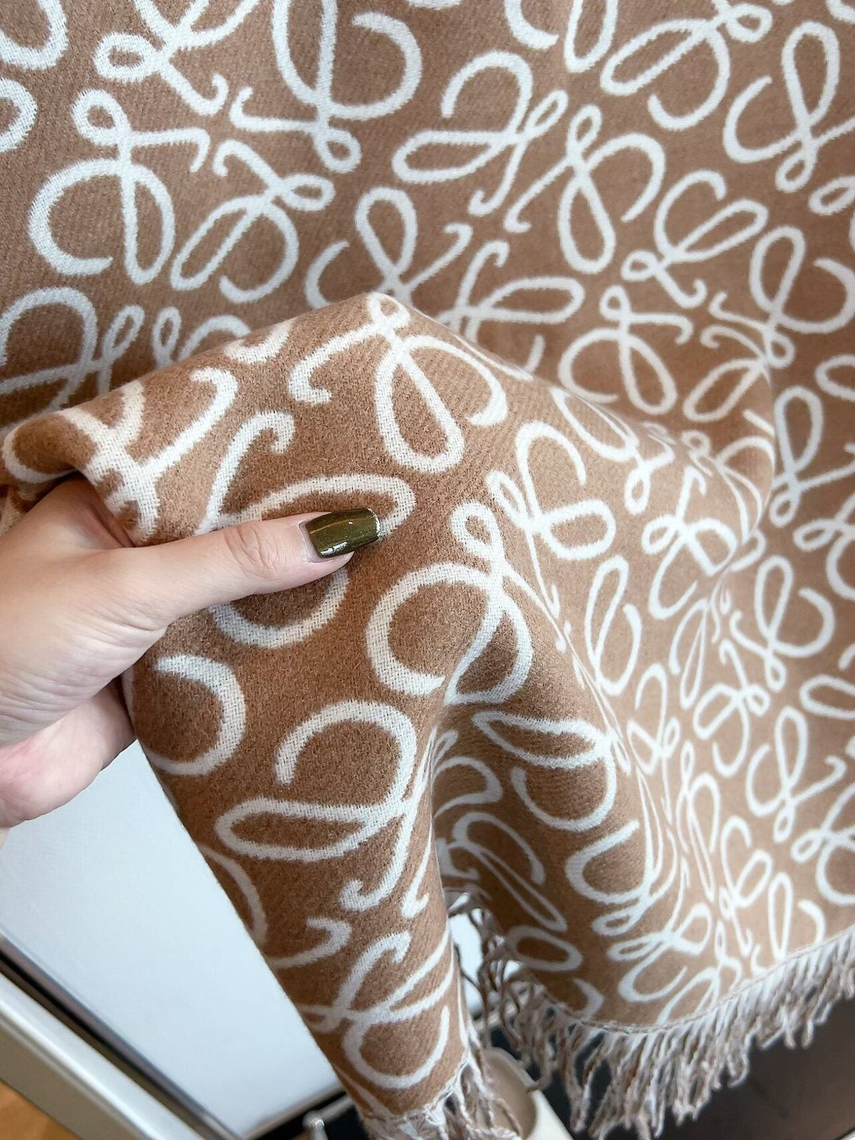 LOEWE Khaki Brown Jacquard Fringed Scarf — detail