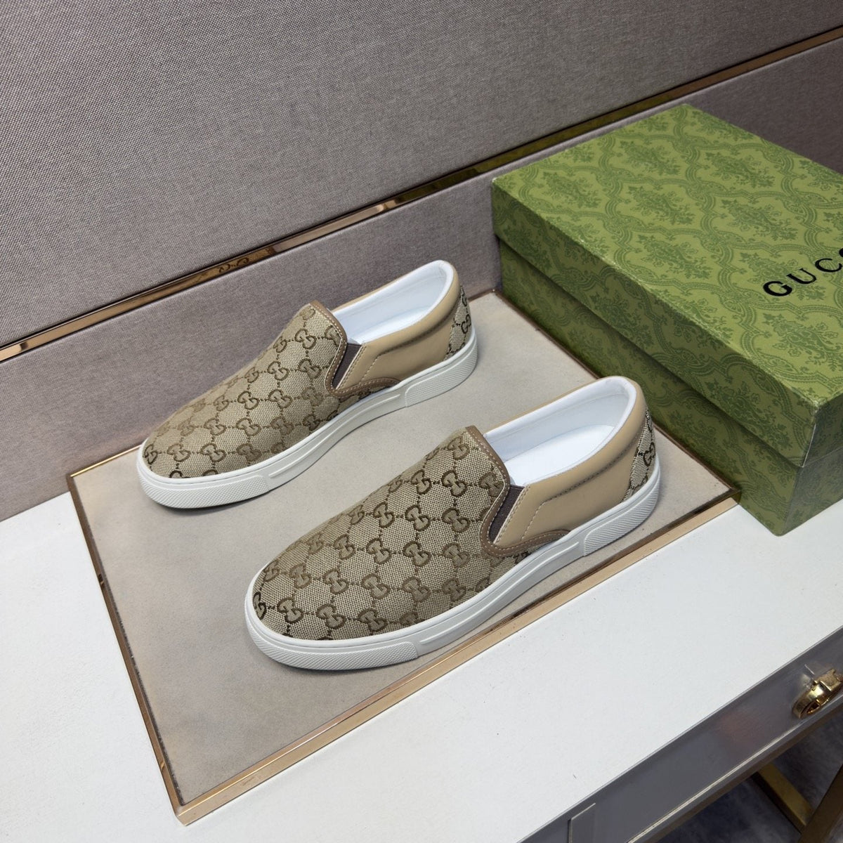 Men's Beige Patterned Slip-On Sneakers — front