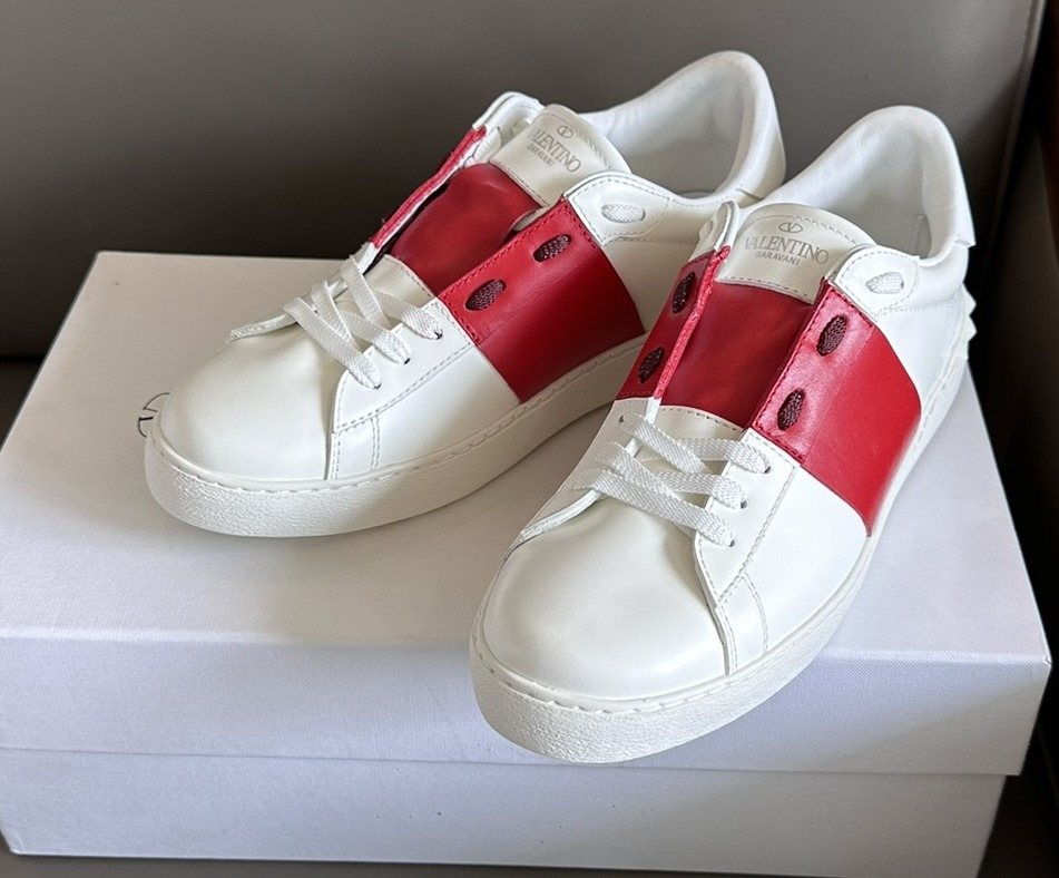 Valentino White and Red Studded Low-Top Sneakers — front