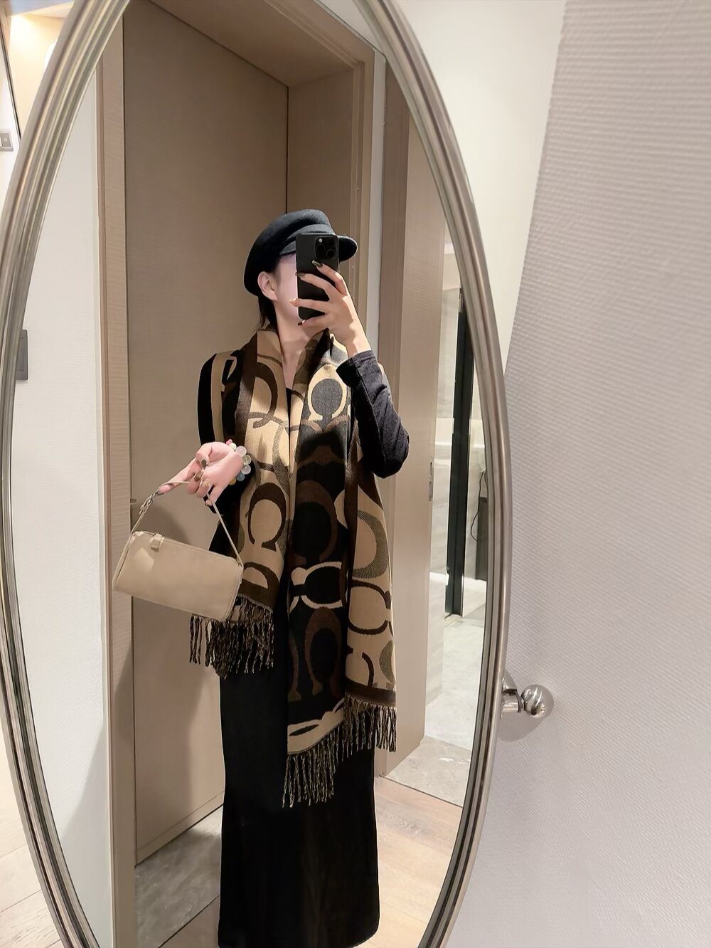 Coach Reversible Geometric Fringe Scarf — model