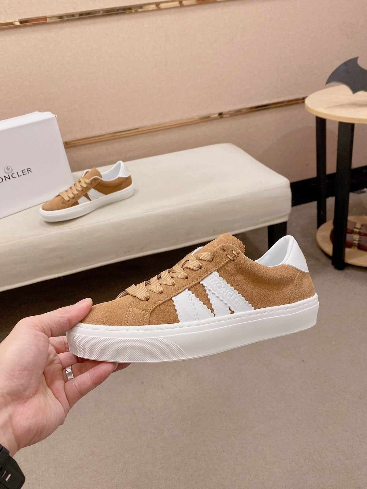 MONCLER Tan and White Stripe Sneakers — side