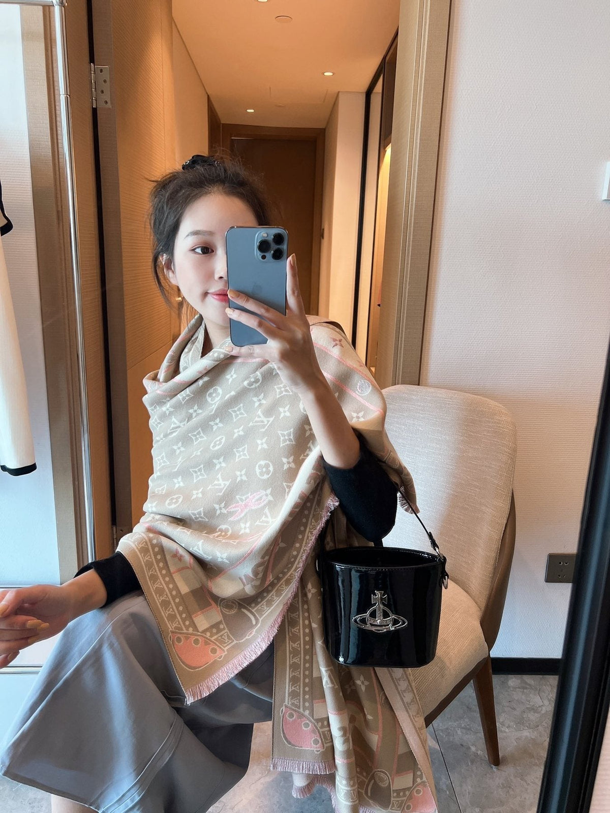 Louis Vuitton Monogram Fringe Scarf — model