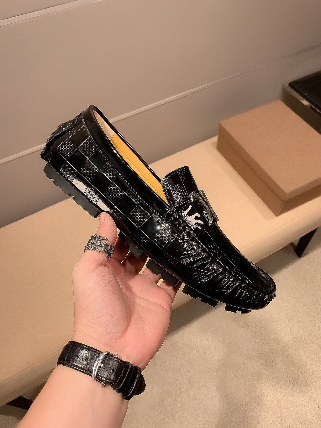 Louis Vuitton Black Glossy Buckle Loafers — model