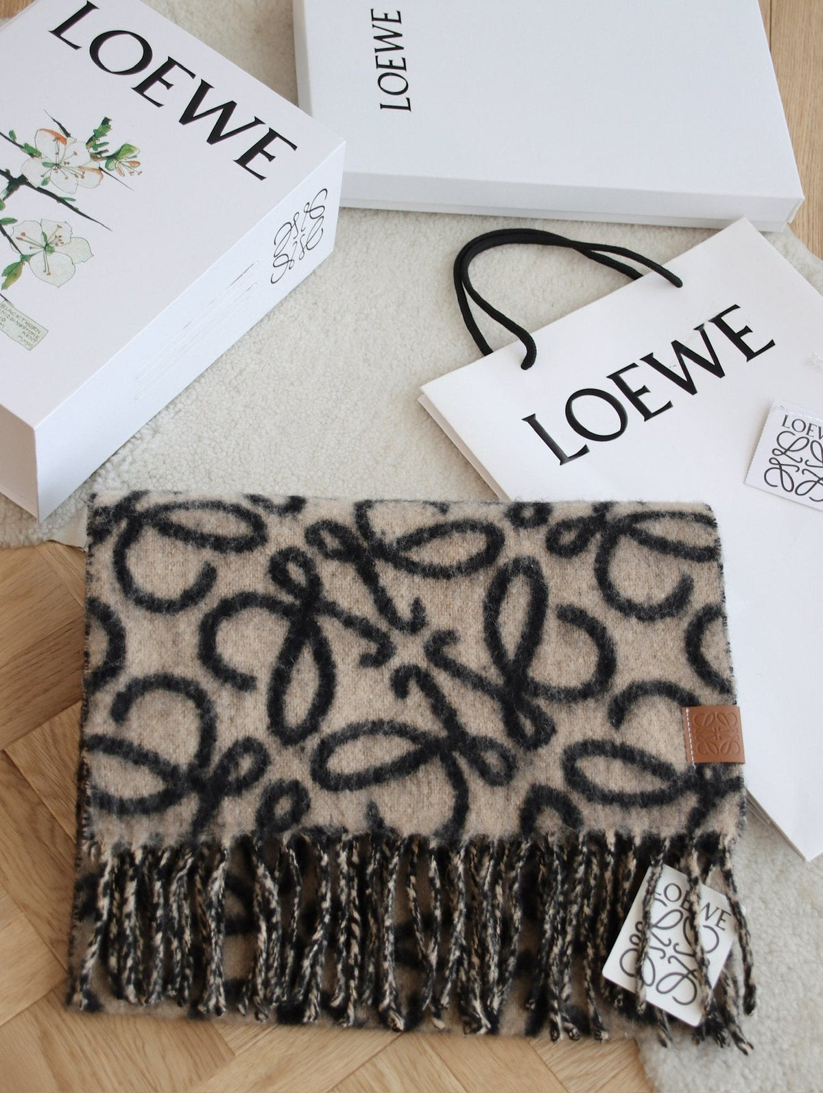 Loewe Black & Tan Motif Fringe Scarf — front