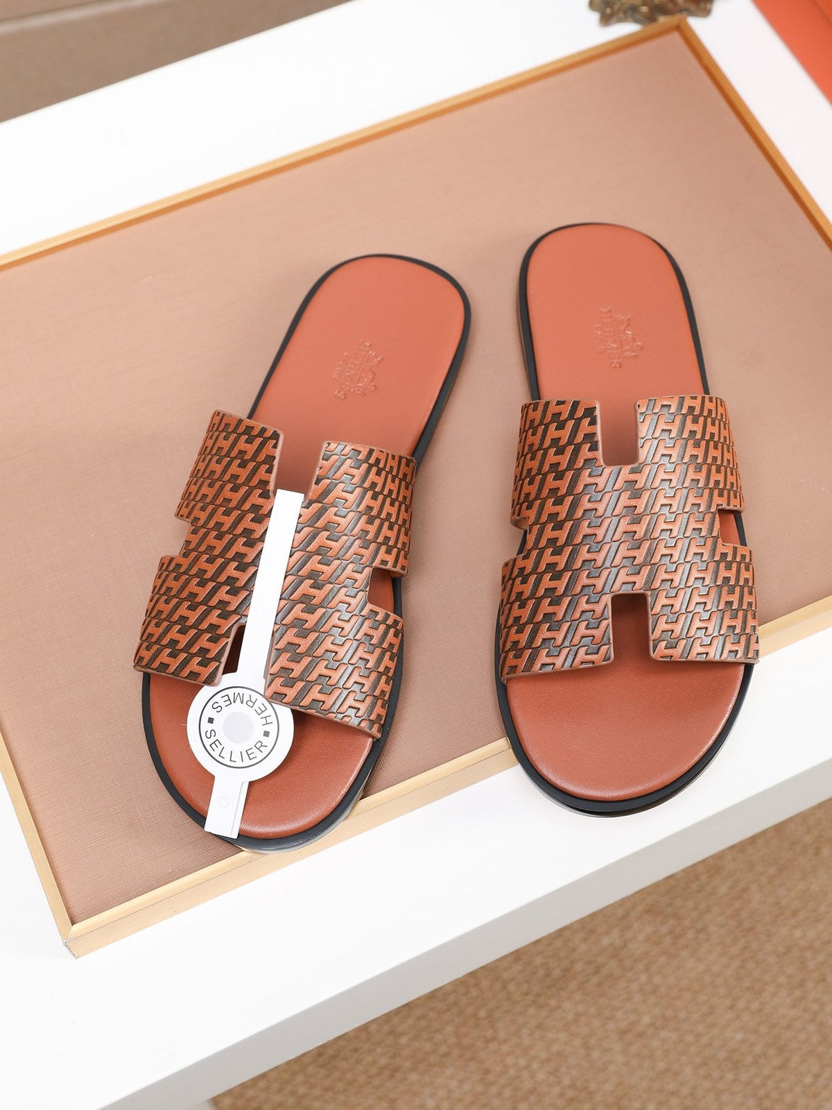 Hermes Brown Patterned H Slide Sandals — front