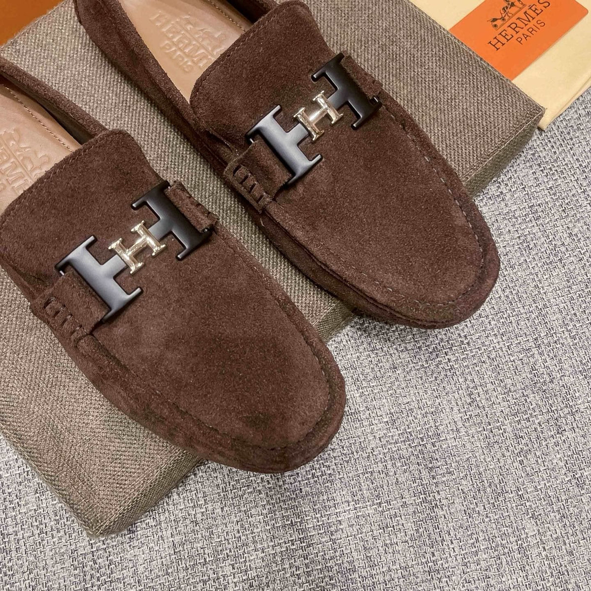 Hermès Brown Suede H Hardware Loafers — front