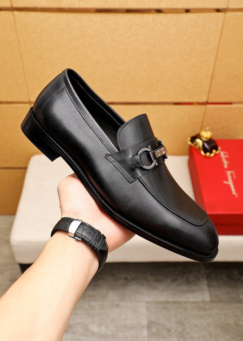 Ferragamo Black Buckle Loafers — side