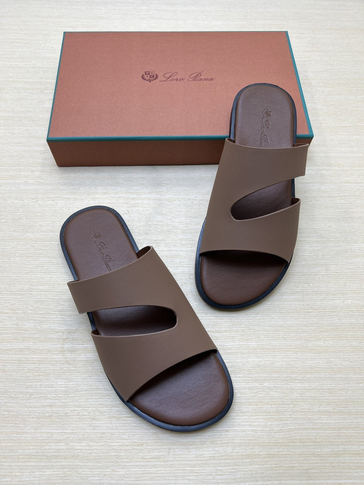Loro Piana Taupe Brown Crossover Slide Sandals — hero