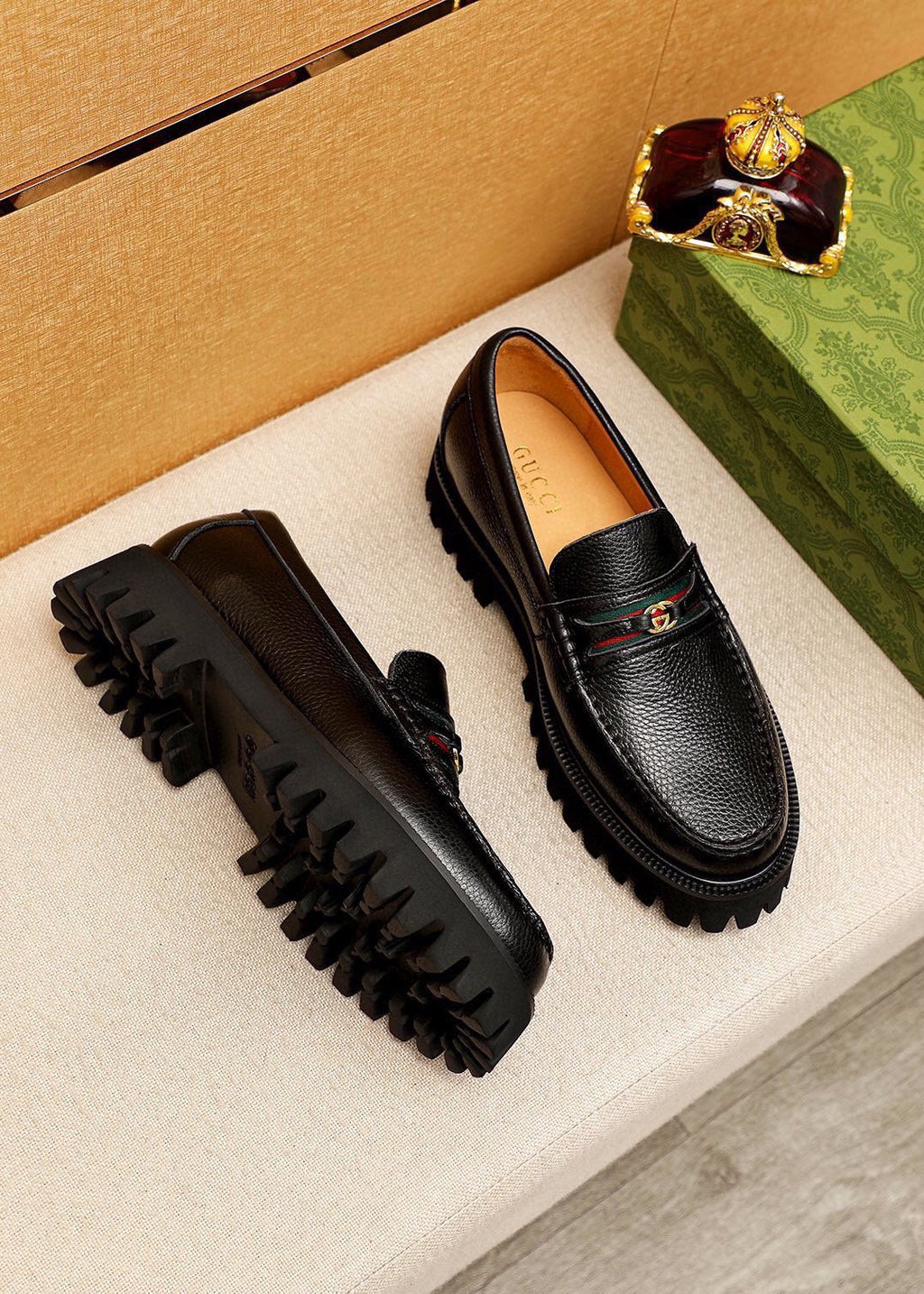 Gucci Black Metal-Bit Lug Sole Loafers — side