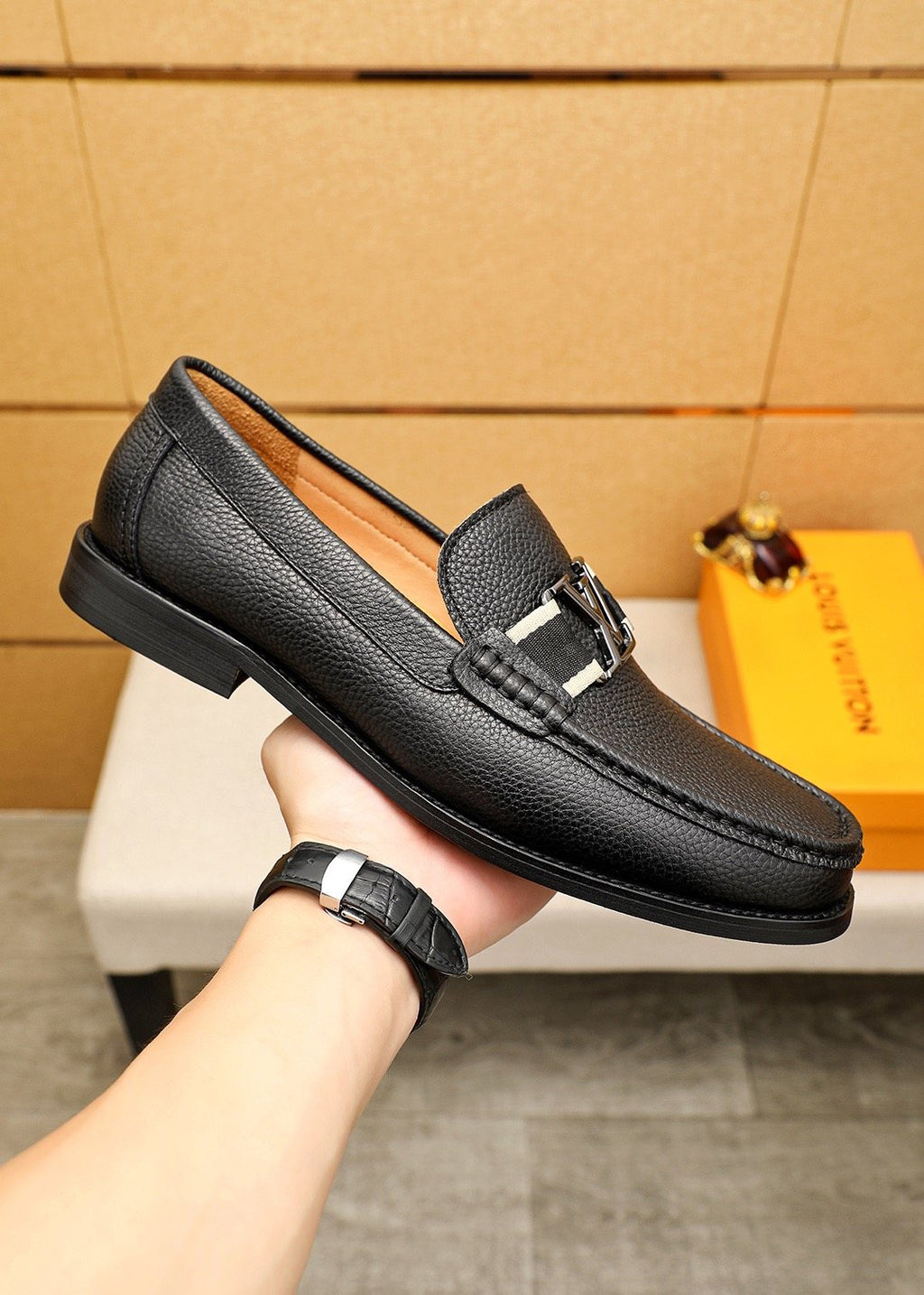Louis Vuitton Black Pebbled Leather Loafers — model