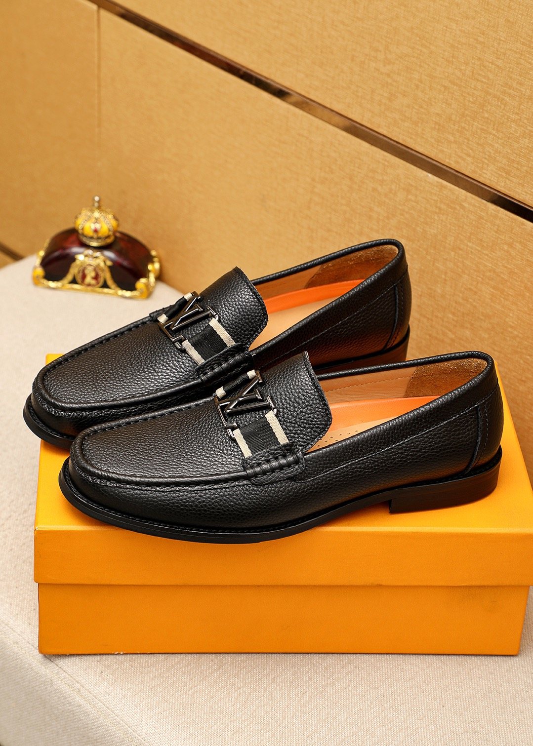 Louis Vuitton Black Pebbled Leather Loafers — front