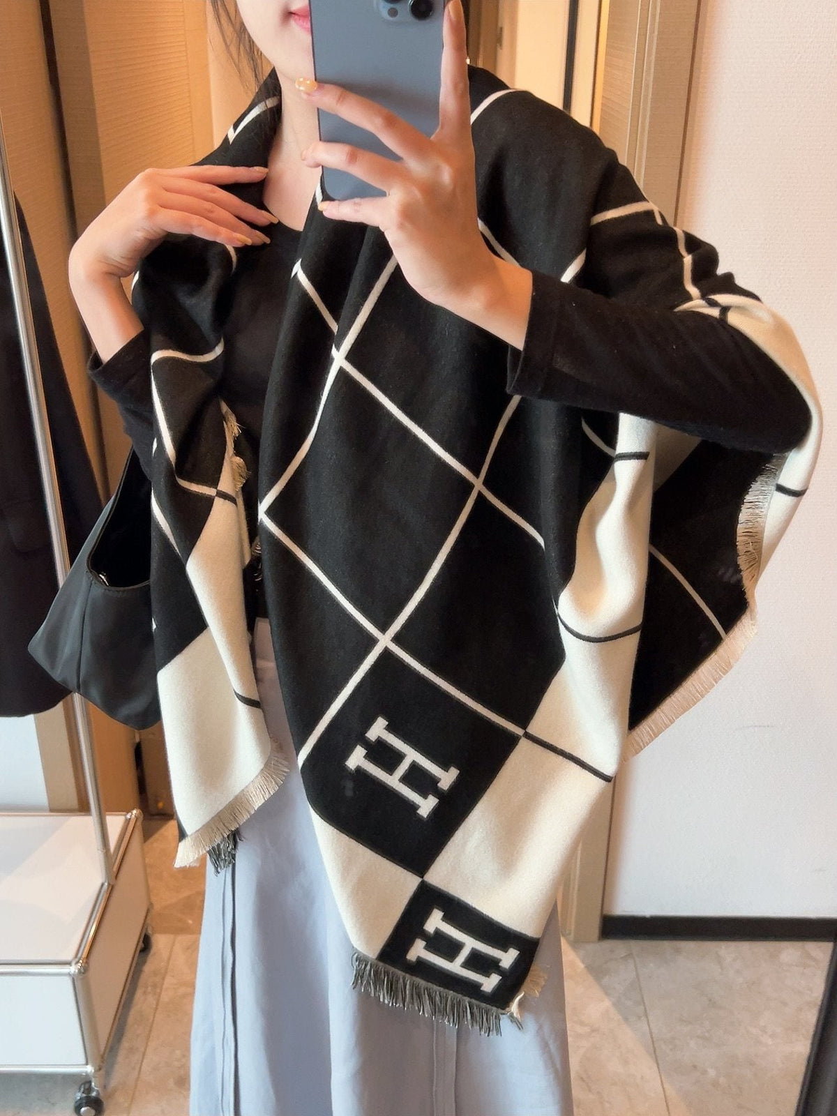 Hermès Black & Ivory Grid Square Scarf — model