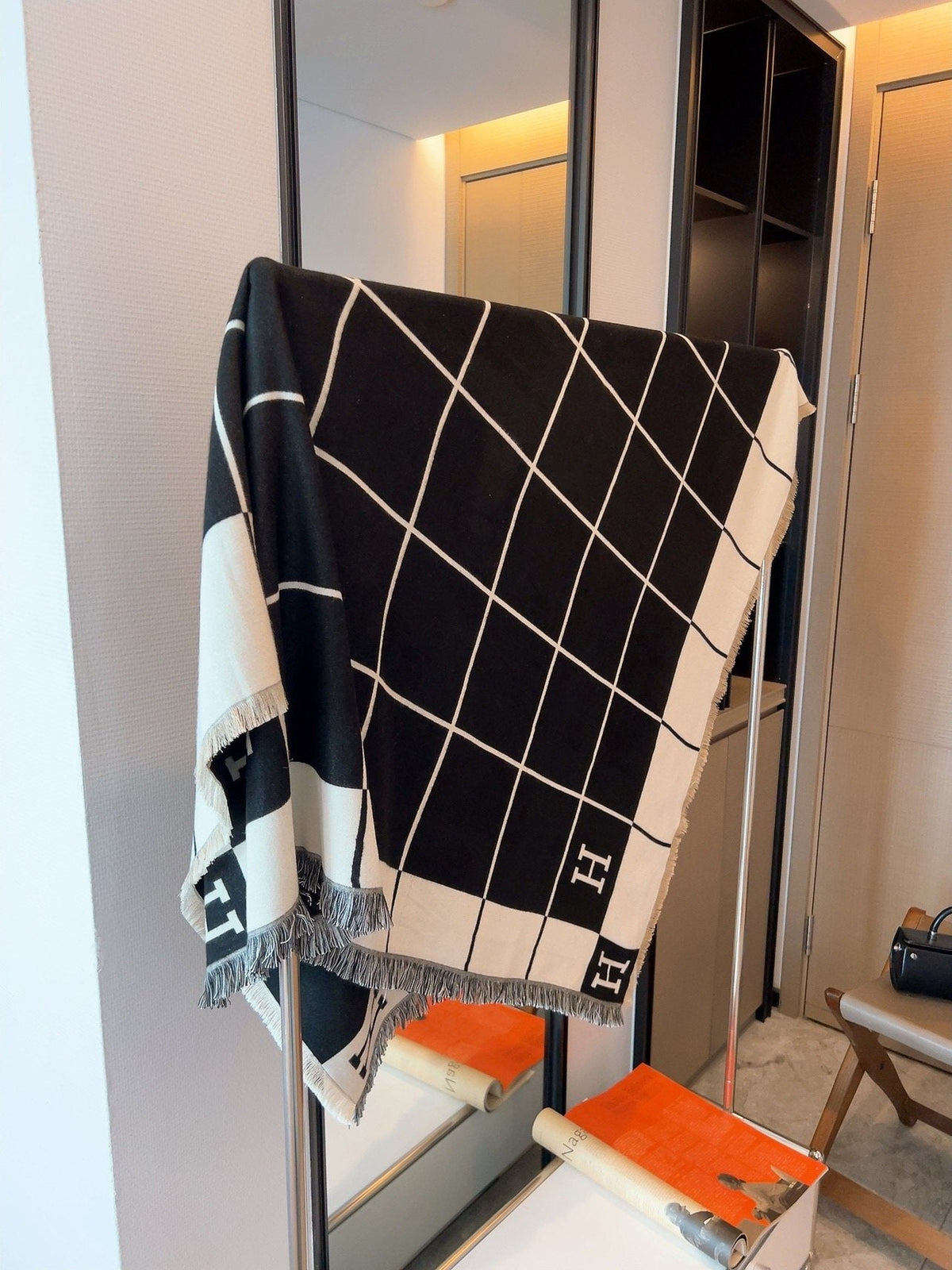 Hermès Black & Ivory Grid Square Scarf — front