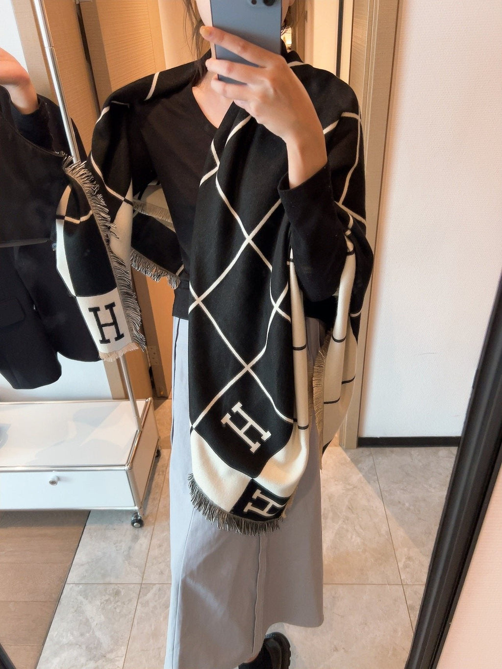 Hermès Black & Ivory Grid Square Scarf — detail