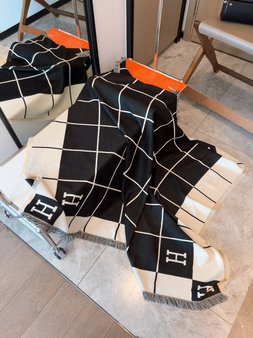 Hermès Black & Ivory Grid Square Scarf — front