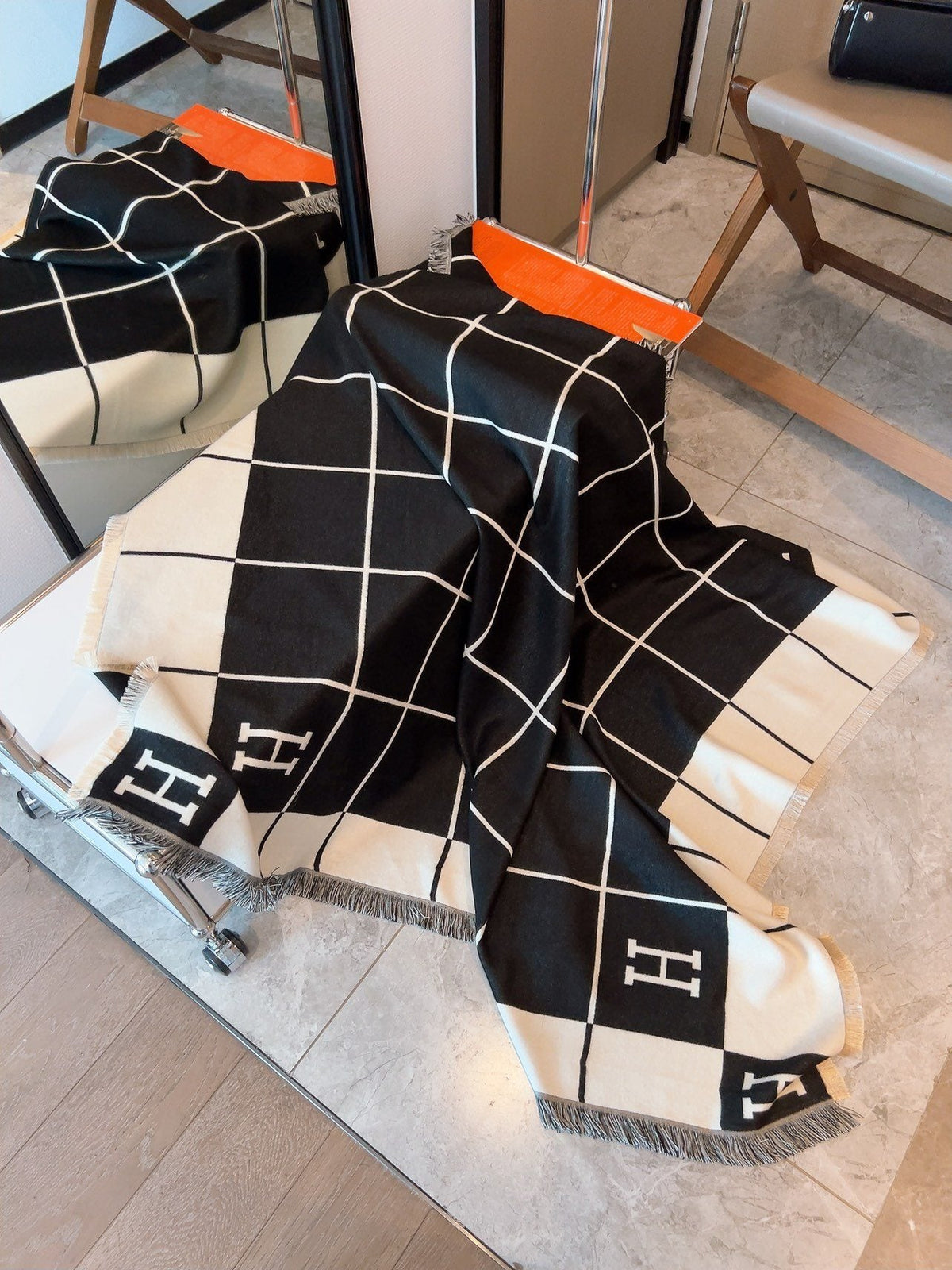 Hermès Black & Ivory Grid Square Scarf — front