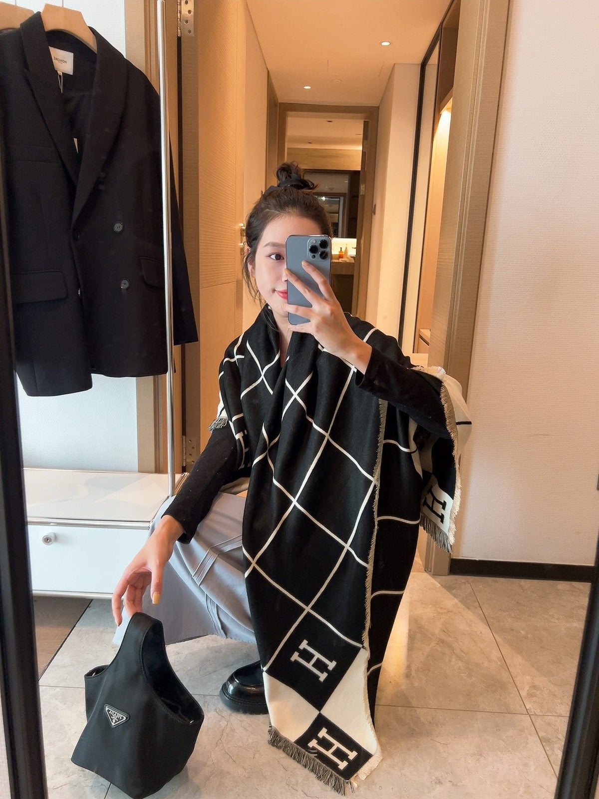 Hermès Black & Ivory Grid Square Scarf — model