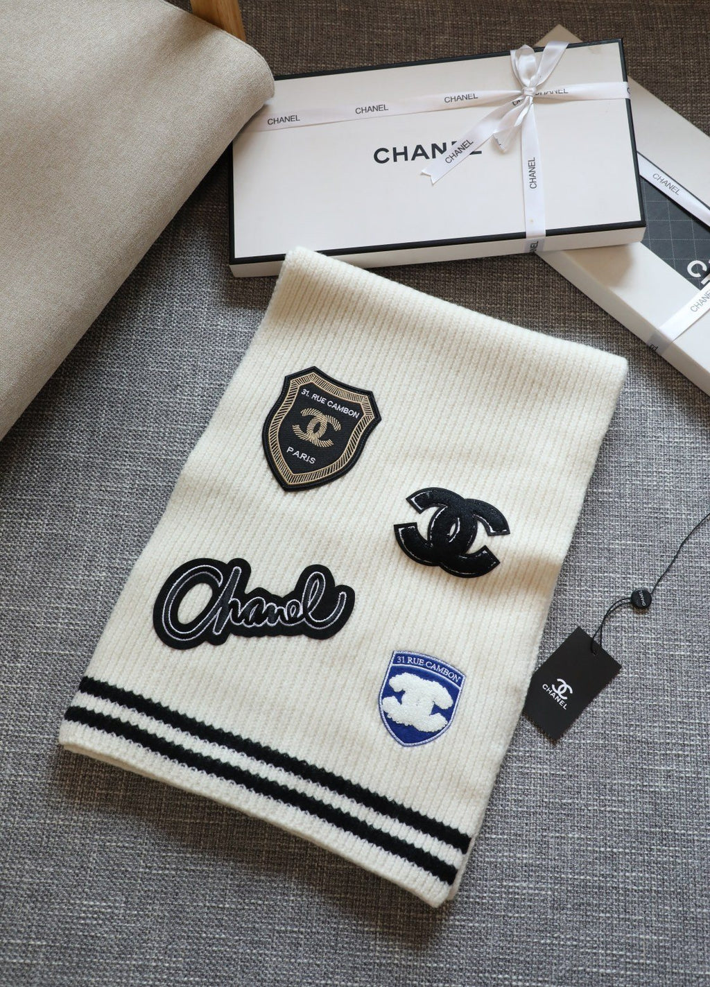 Chanel Emblem Rib-Knit Scarf — front