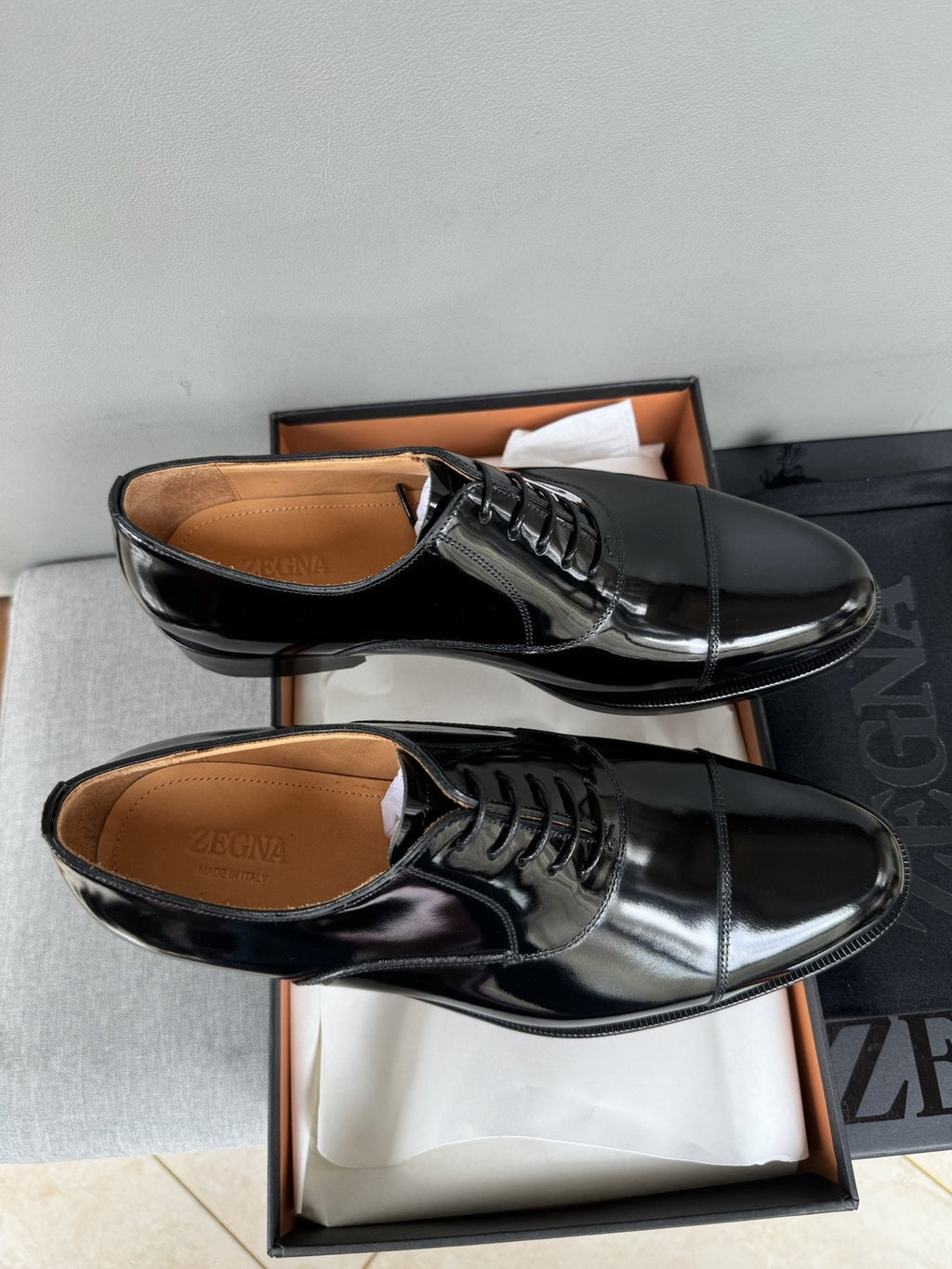 ZEGNA Black Patent Leather Oxford Shoes — front