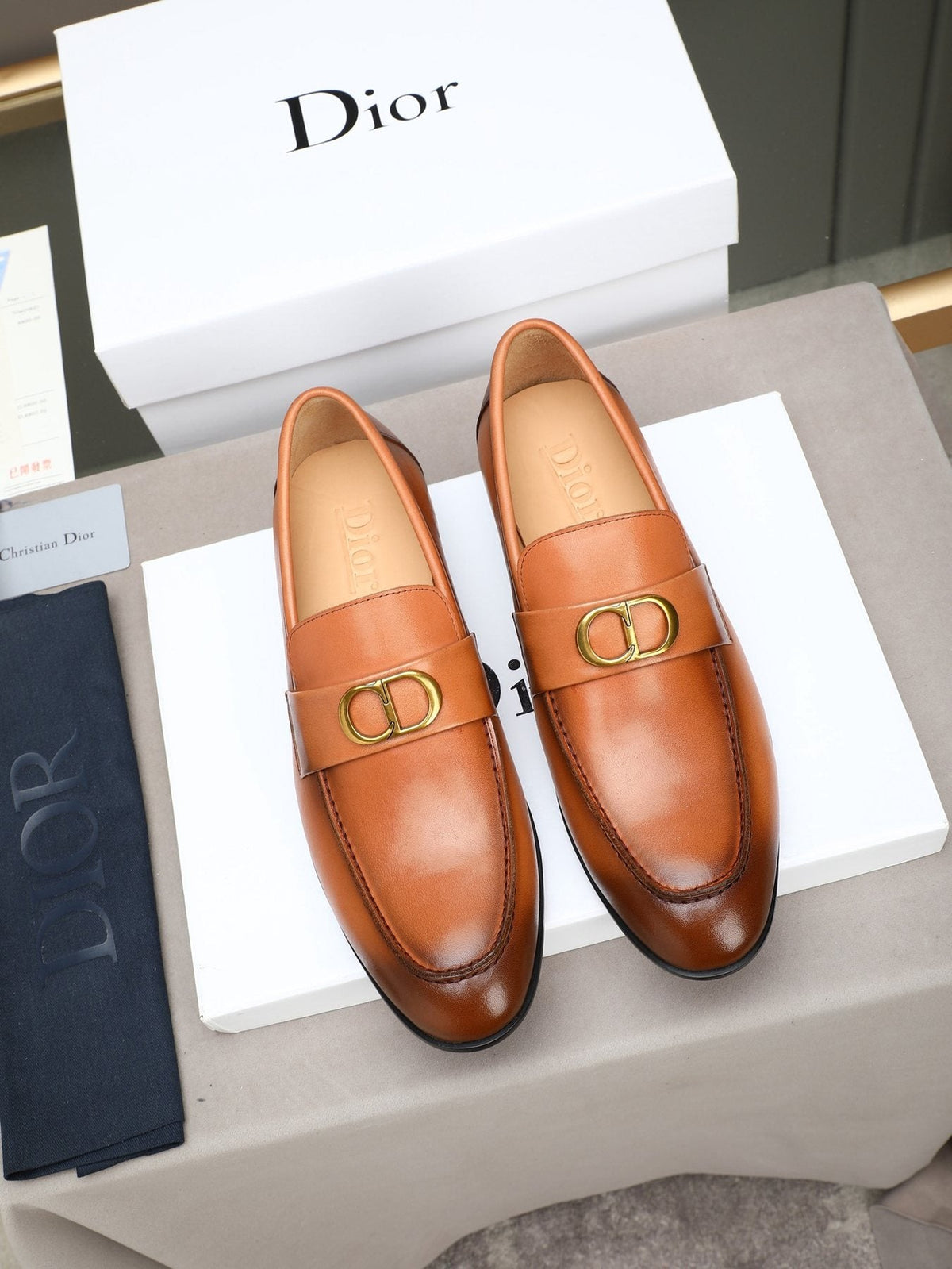 Dior Cognac Brown Gold-Hardware Loafers — front