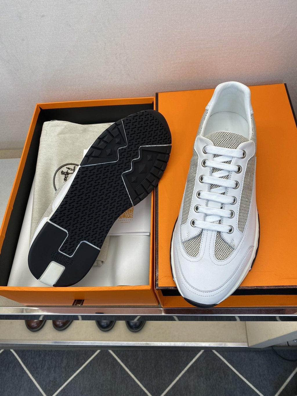 Hermès White & Gray Low-Top Sneakers — detail
