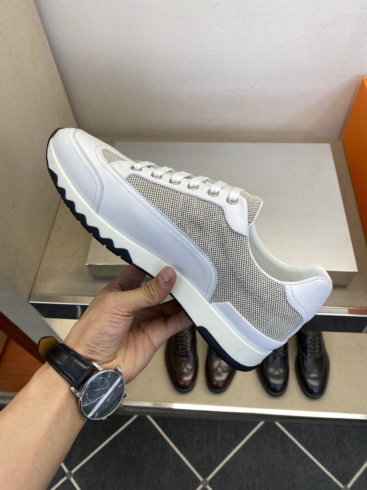 Hermès White & Gray Low-Top Sneakers — side