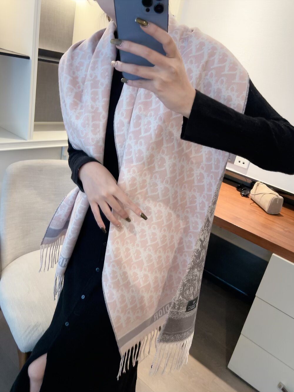 Dior Monogram Fringe Scarf — model