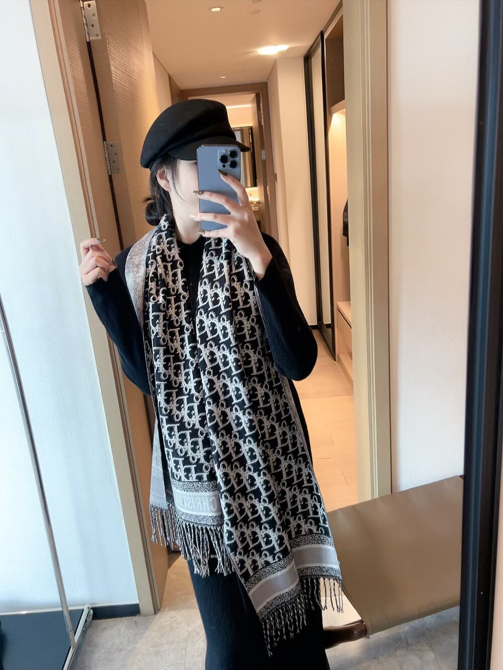 Dior Monogram Fringe Scarf — model