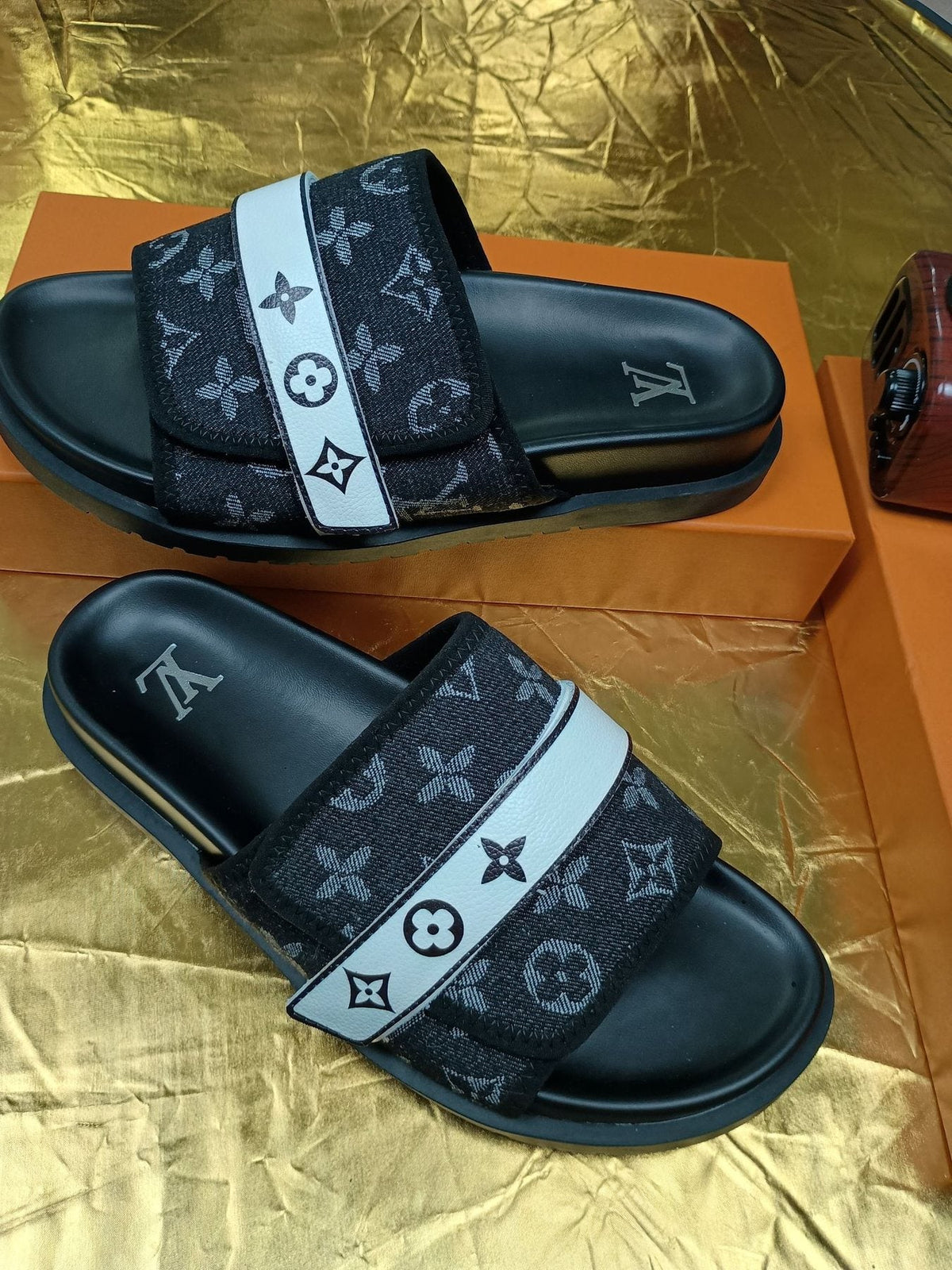 Louis Vuitton Black Graphic Band Slide Sandals — front