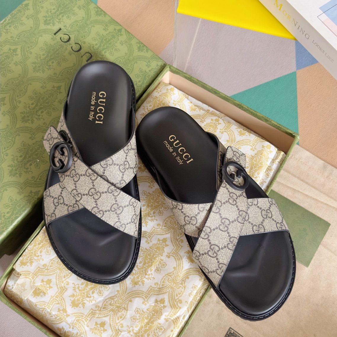 Gucci Beige Monogram Crossover Slide Sandals — front
