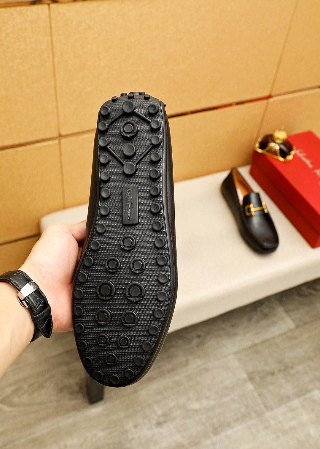 Ferragamo Black Gold-Tone Driving Loafers — detail
