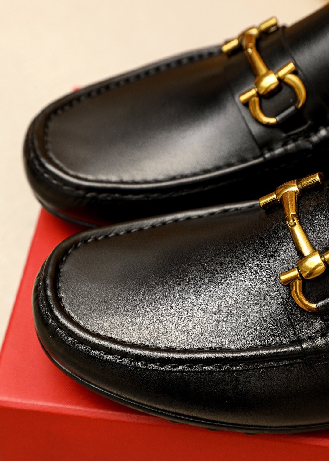 Ferragamo Black Gold-Tone Driving Loafers — detail