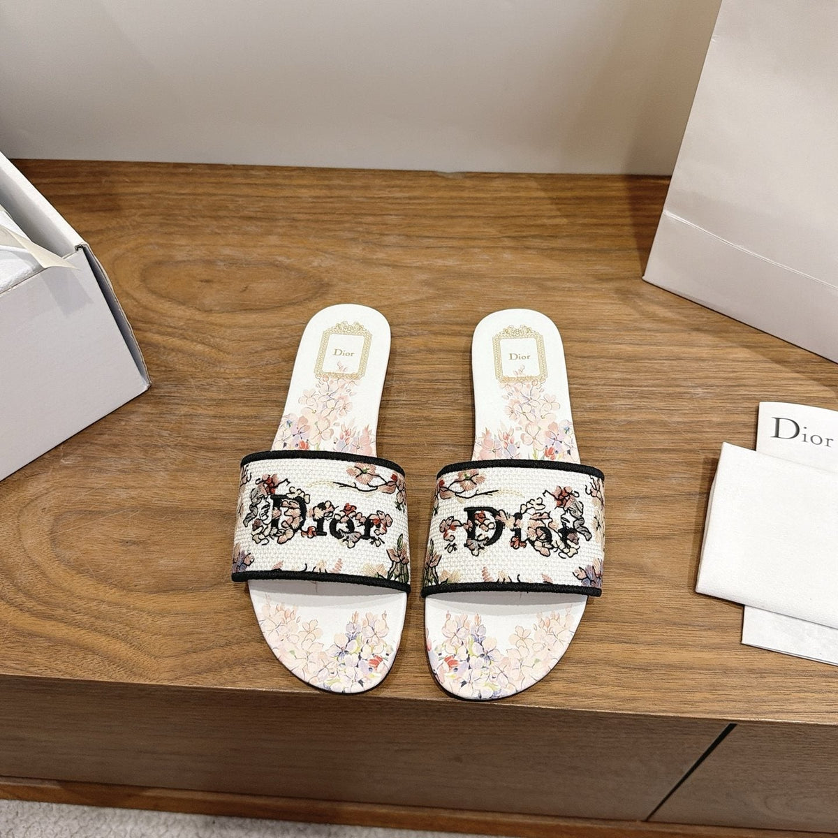Dior Floral Embroidered Slide Sandals — front