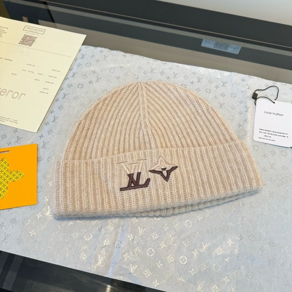 Louis Vuitton Cream Beige Beanie & Scarf Set — front