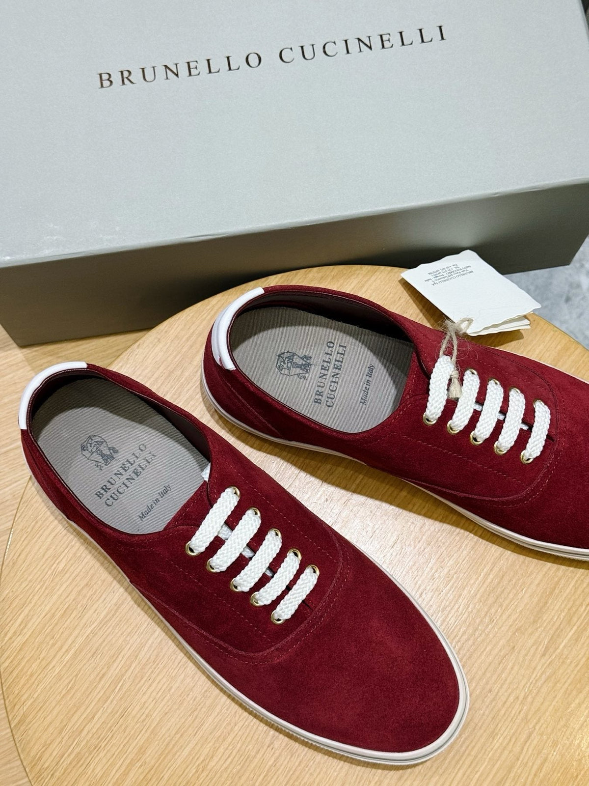 Brunello Cucinelli Burgundy Suede Low-Top Sneakers — detail