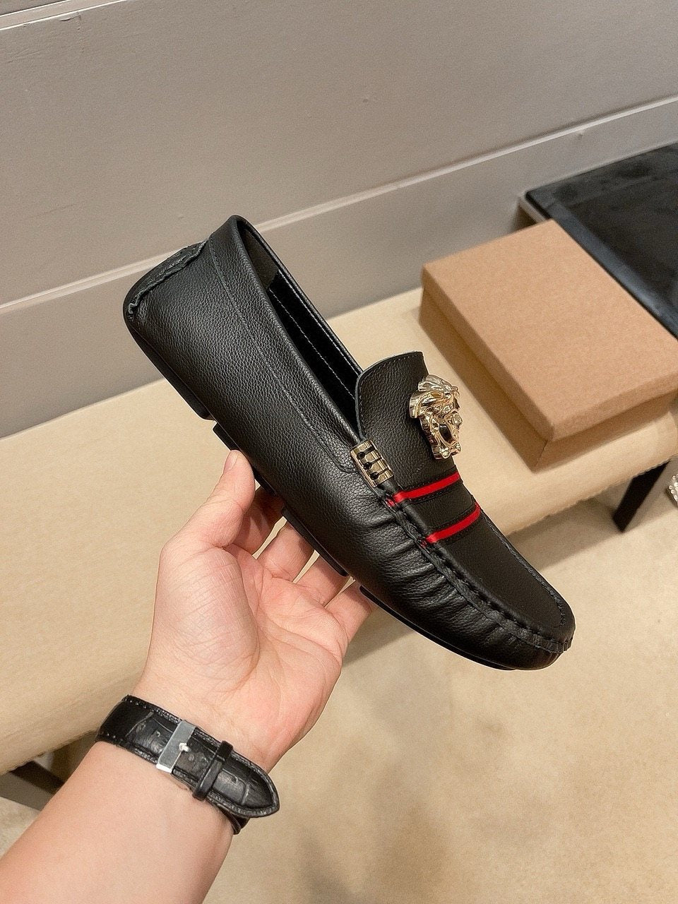 Versace Black Red Stripe Slip-On Loafers — side