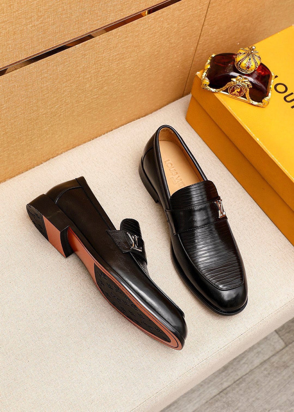 Louis Vuitton Black Textured Loafers — front
